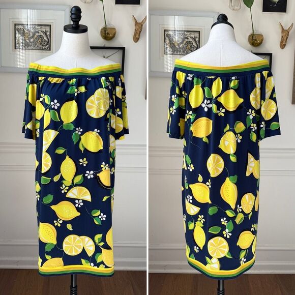 Trina Turk Kelso Lemon Print Off The Shoulder Dress Blue Yellow M - Picture 2 of 9